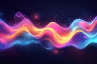 Vibrant flowing waves of pink, orange and blue light dance across starry night sky, creating magical aurora-like effect with glowing cosmic energy stream.