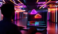 Silhouette of person working on laptop with glowing cloud computing interface display against neon lit corridor background with vibrant pink and orange lights.