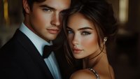 Glamorous young Caucasian couple in evening attire share intimate moment at formal event. Dark moody lighting highlights dramatic facial features and luxury fashion details.