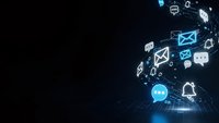 Digital communication icons floating in cyberspace with glowing blue network connections on dark background for technology and social media concepts.