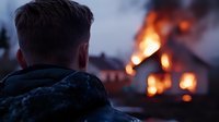 Man watching burning house in dark, dramatic scene with flames and smoke against night sky. Emergency situation with residential fire disaster viewed from behind.