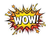 Comic book style WOW explosion burst with stars and dynamic rays in bright yellow orange colors isolated on transparent background for design.