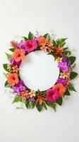 Tropical flower wreath with hibiscus, orchids and ferns surrounding white circle frame on neutral background for summer wedding invitations.