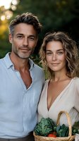 Mature couple enjoying outdoor lifestyle with fresh produce basket. Natural sunlit portrait showcases healthy living and sustainable food choices in garden setting.