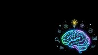 Digital brain with glowing neural networks surrounded by innovation icons on black background for technology and artificial intelligence concepts.