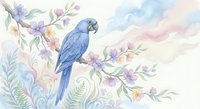 Blue parrot perched on flowering branch with watercolor style background featuring soft pastel clouds and delicate botanical elements for decorative design.
