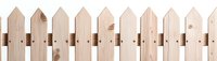 Wooden picket fence pattern on white background, seamless horizontal design element for borders and decorative framing. Natural pine material with rustic texture.