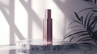 Luxury cosmetic bottle on marble platform with palm leaf shadow overlay. Minimalist product photography for beauty and skincare advertising campaign.
