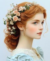 Young woman with red hair adorned with peach roses and baby's breath flowers in romantic updo hairstyle. Pale complexion, green eyes, wearing vintage lace dress. Side profile portrait.