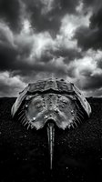 Horseshoe crab shell on dark beach sand under dramatic stormy clouds in black and white monochrome photography for nature and marine life concepts.