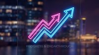 Neon arrow graph showing upward trend against blurred city skyline at night, symbolizing business growth, financial success, and market progress breakthrough.