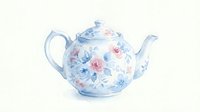 Watercolor teapot with delicate blue and pink roses floral pattern on white background. Elegant vintage style porcelain tea service illustration isolated.