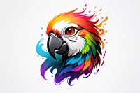 Vibrant artistic parrot head illustration with rainbow colored feathers and splash effect on white background, perfect for logo design, merchandise and brand identity.