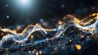 Abstract glowing waves with golden and blue light particles flowing in dark space, creating dynamic motion effect against black background.