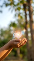 Hands holding glowing growth arrow with sparkles in natural outdoor setting representing business success and financial progress concepts.