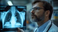 Middle-aged male doctor with beard and glasses examining chest x-ray scan on digital screen in modern hospital setting, focused expression while analyzing medical results.