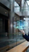 Businessperson holding digital hologram displaying automation, AI enhancement, and process optimization icons in modern office environment for technology solutions.