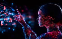 Glowing red and blue particle effect silhouette of woman pointing forward against dark background with digital light trails and bokeh elements.