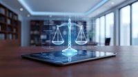 Digital scales of justice hologram glowing on tablet screen in modern law office with bookshelf, representing legal technology, compliance, and digital transformation for law firms.