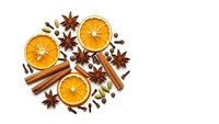 Aromatic winter spices with dried orange slices, cinnamon sticks, star anise and cloves arranged on white background for seasonal cooking and holiday baking.