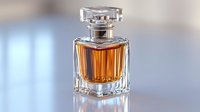 Elegant glass perfume bottle with amber liquid and crystal stopper on reflective surface against soft blurred background. Luxury fragrance and cosmetics concept.