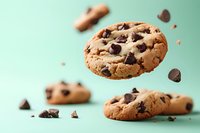 Chocolate chip cookies floating with crumbs on mint green background for bakery advertising and food marketing campaigns.