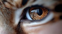 Extreme macro close-up of feline amber eye with detailed iris pattern, whiskers and fur visible. Dramatic lighting highlights intricate eye structure and natural patterns.