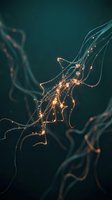 Abstract golden light trails flowing through dark teal space creating dynamic energy patterns with glowing particles and luminous streaks for modern design.