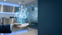 Businessman hand presenting digital network connections with glowing icons in modern office environment for technology and innovation concepts.