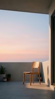 Wooden chair on modern rooftop terrace at sunset with minimalist architecture, potted plants, and golden hour lighting for lifestyle and interior design projects.