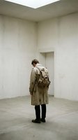 Young man with backpack in beige trench coat standing in minimalist concrete room with white walls and polished floor exploring modern architecture space.