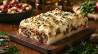 Homemade lasagna with layers of pasta, ground meat, ricotta cheese and bechamel sauce garnished with fresh herbs on wooden cutting board. Dark rustic background.
