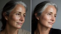 Portrait of mature woman with silver hair and natural beauty, showing graceful aging with minimal makeup against neutral background.