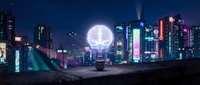 Futuristic cityscape at night with glowing brain hologram floating above urban skyline, neon lights illuminating modern skyscrapers for AI technology concepts.
