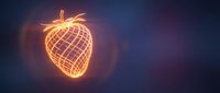 Glowing neon strawberry with wireframe grid pattern emitting warm golden light against dark blue background, suitable for tech and modern design projects.