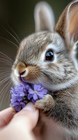Cute rabbit eating purple flowers from human hand, close-up portrait of fluffy bunny with soft fur and whiskers against blurred background, suitable for greeting cards and children's content.