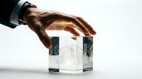Male hand with dark skin tone in business attire placing transparent cube model, symbolizing property investment, real estate development, and architectural planning for commercial use.