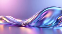 Flowing iridescent wave with holographic effect in pink and blue colors against gradient background, creating smooth liquid metal surface with reflective properties.