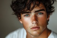 Close up portrait of young male model with intense blue eyes, dark curly hair, and freckles against neutral background. Natural daylight illuminates defined features.