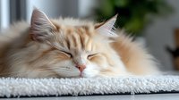 Sleeping cream colored ragdoll cat with closed eyes resting on white fluffy carpet, showing peaceful expression and long fur. Cozy home pet portrait.