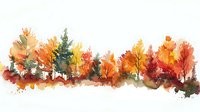 Watercolor autumn forest landscape with vibrant orange, yellow and red trees in row, artistic seasonal nature painting on white background, isolated design element.