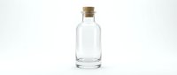 Empty clear glass bottle with cork stopper isolated on white background for product mockup and packaging design projects.