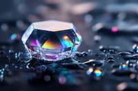 Sparkling crystal gemstone with rainbow reflections on dark surface surrounded by water droplets and bokeh lights creating luxury jewelry concept.