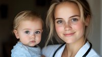 Young female medical professional in white coat and stethoscope holding baby patient, showing caring and gentle expression during pediatric checkup. Healthcare concept.