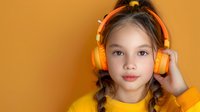 Young girl with braided hair wearing bright orange headphones and yellow sweater against orange background, listening to music with serene expression.