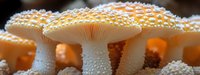 Orange mushrooms with white spots growing in nature, macro photography showing detailed texture of fungi caps and stems with morning dew drops in soft light.