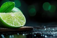 Fresh cut lime with water drops and green leaf on dark wooden surface against blurred bokeh background, macro food photography with copy space.