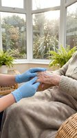Caregiver in blue medical gloves holding elderly person's hands in sunny conservatory, offering compassionate home care support.