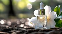 Luxury skincare serum bottle with white flower and green leaves on natural background with bokeh light effect for cosmetic product photography.