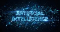 Futuristic artificial intelligence text with glowing blue neon effects and digital network connections on dark background for technology presentations.